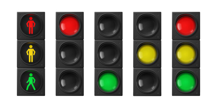 3D street traffic lights set isolated on background. Vector realistic illustration of red stop, yellow warning and green go signals for pedestrians and transport, semaphore lights with man silhouette