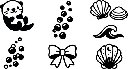 Naklejka premium Black and white vector art of cute otter floating with bubbles sea shells wave and decorative bow in minimal style