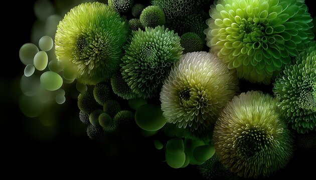 Una composici&oacute;n art&iacute;stica de crisantemos verdes sobre un fondo negro.