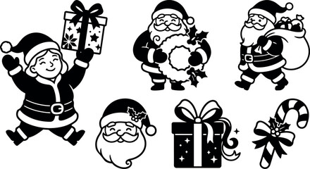 Obraz premium Black and white christmas vector icons featuring smiling child holding gift santa claus with wreath and sack festive elements classic holiday motifs flat design style set
