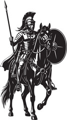 Black and White Illustration of a Roman Soldier on Horseback, Holding a Spear and Shield, Ready for Battle