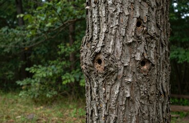 Obraz premium Un primer plano de un tronco de árbol con agujeros que sugieren un rostro, rodeado de vegetación exuberante.
