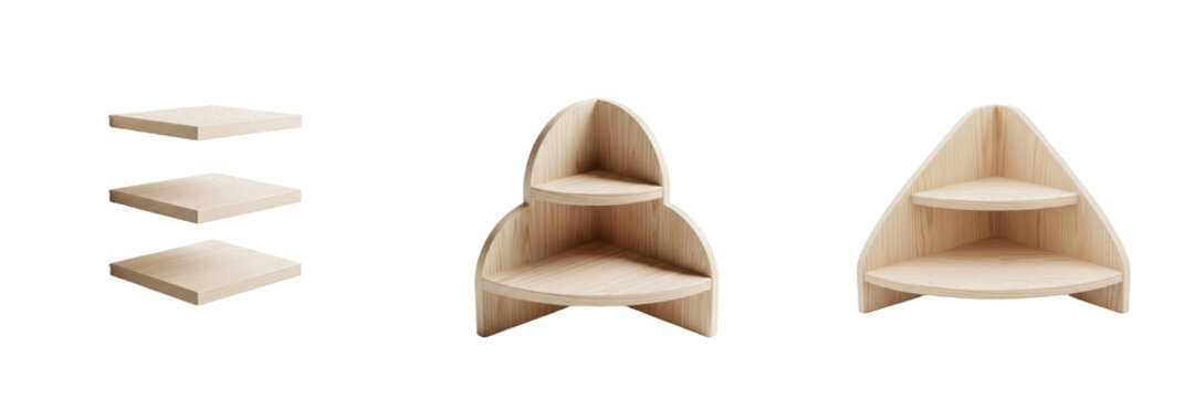 Set of wooden corner shelves and floating wall racks isolated on white background, modern timber bookshelf furniture elements