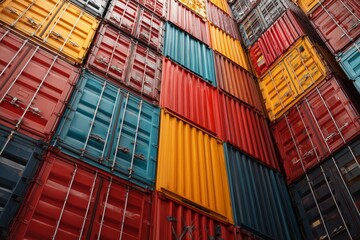 Fototapeta premium Tower of Multicolored Shipping Containers Global Logistics and Freight Concept