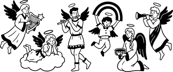 Naklejka premium Black and white line art illustration of six angels playing instruments holding rainbow and bowl floating on cloud vector art