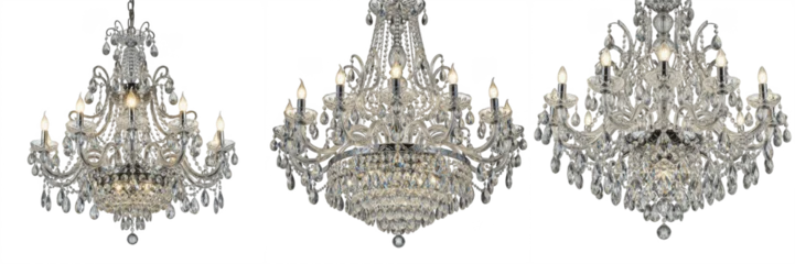 Fotobehang Hotel chique Set of luxury crystal chandeliers with elegant glass droplets, classic ornate silver ceiling lamps for grand interior lighting and ballroom decor, isolated on white background.  © michael