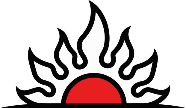 Stylized sunburst with a red half-circle and black flame-like rays
