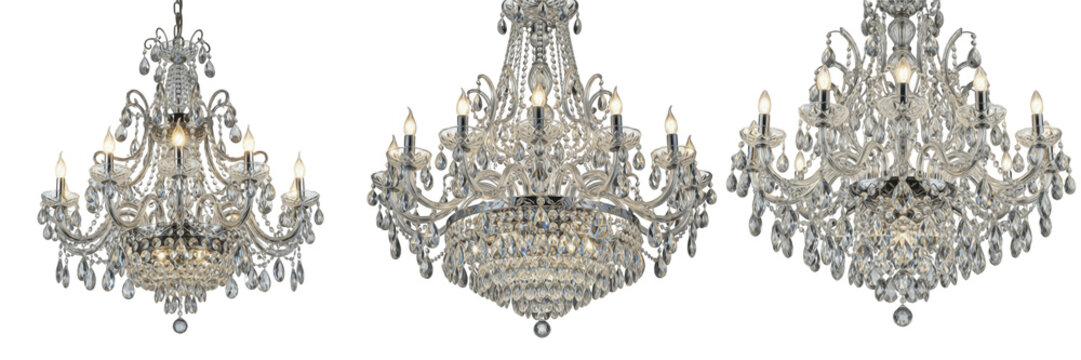 Set of luxury crystal chandeliers with elegant glass droplets, classic ornate silver ceiling lamps for grand interior lighting and ballroom decor, isolated on white background.