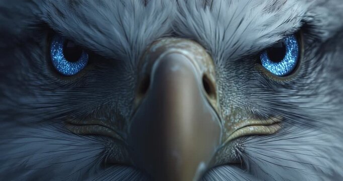 Close-up of a fierce eagle with intense blue eyes and sharp beak.