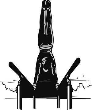 Silhouette of a person performing a handstand on parallel bars, black and white
