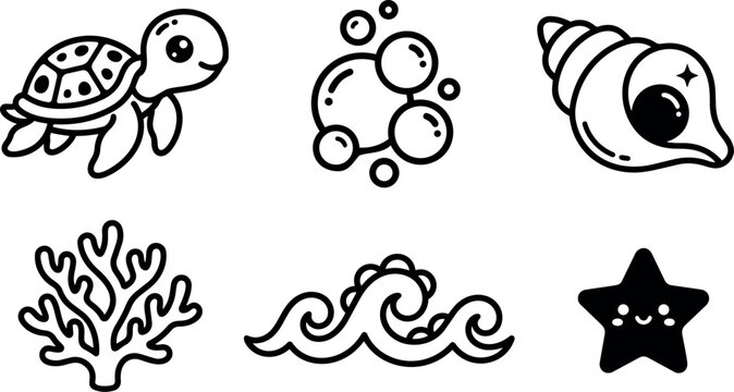 Cartoon style smiling turtle shell seaweed wave bubble and starfish icons set in black outline stroke vector art design