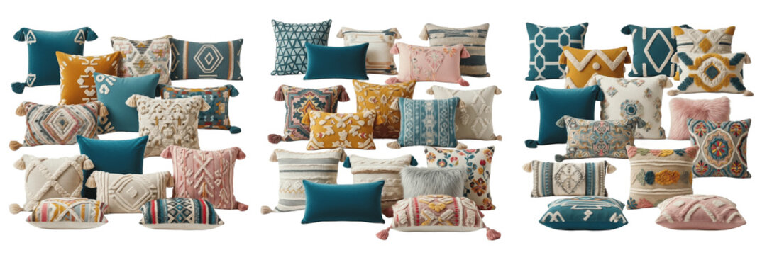 Set of decorative bohemian throw pillows with geometric ethnic patterns, colorful tribal embroidered cushions with tassels for cozy home decor, isolated on white background.