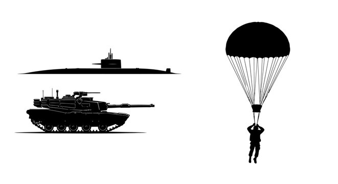 Military Vehicles and Paratrooper Silhouette: Submarine, Tank, Parachute Jump
