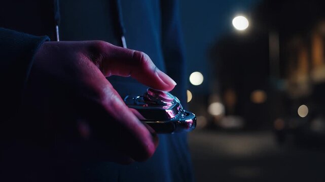 Spinning Top Challenge: A close-up shot captures a hand expertly holding a colorful spinning top, poised to unleash a thrilling game against a blurred urban background at dusk.