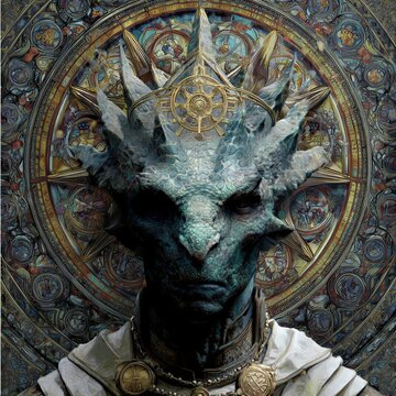 Retrato de un rey drag&oacute;n con corona de hielo, enmarcado en un vitral intrincado.