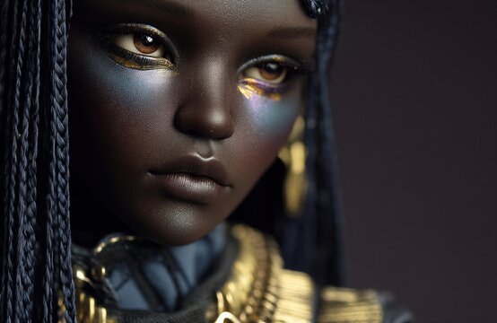 Retrato de una figura con rasgos africanos, adornada con joyer&iacute;a dorada y trenzas intrincadas.