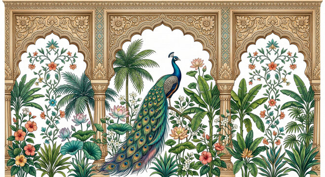 An ornate vintage style archway depicting a peacock amidst lush tropical foliage on transparent background high-quality professional