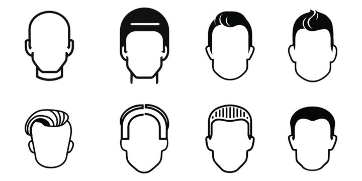 Men Head Avatar Icons Set, Male Hairstyle Outline Icons Collection