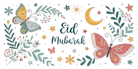 Naklejka premium Eid Mubarak Illustration: A vibrant illustration showcasing the message of Eid Mubarak alongside elegant floral and butterfly elements, evoking a sense of festive cheer and blessings.