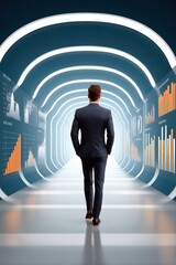 Fototapeta premium Businessman walking through an illuminated tunnel filled with data charts and graphs on both sides