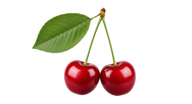 Two ripe red cherries with a green leaf on a black background