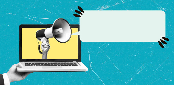 Art collage shows a hand holding a megaphone above a laptop with a blank speech bubble on a bright background
