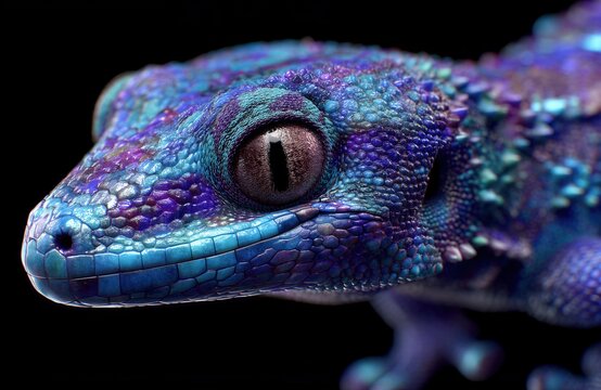 Primer plano de un geco de cresta azul con colores vibrantes sobre fondo negro.