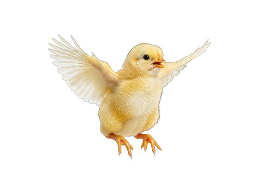 Cute yellow baby chick flapping wings isolated on transparent background