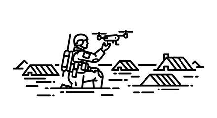 Naklejka premium Soldier operating drone in military camp with tents, surveillance technology concept