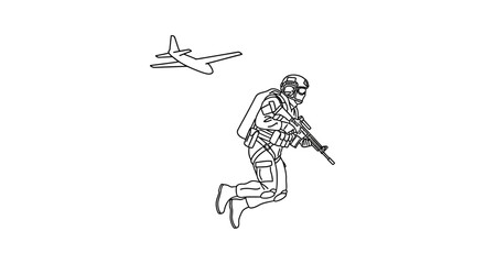 Fototapeta premium Soldier Parachuting from Airplane with Rifle, Military Airborne Operation