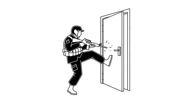 Soldier Kicking Down Door with Rifle, SWAT Team Raid, Action Scene