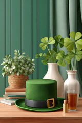 Obraz premium St. Patrick's Day still life with green leprechaun hat, shamrocks and whiskey on wooden table