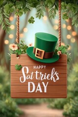 Obraz premium Happy St. Patrick's Day wooden sign with leprechaun hat and clover decorations