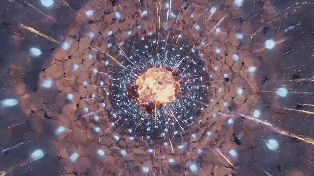 Quantum Tunnel Abstract - An abstract video shows an explosion of particles in a tunnel. The light streaks and dark blotches simulate a quantum phenomenon or sci-fi travel.