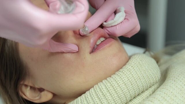 Cosmetologist in pink gloves performing Botox injection into patient's upper lip in a clinic. Professional medical procedure for lip enhancement and wrinkle correction