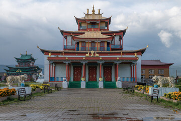 Tsogchen Dugan Buddhist Temple on a cloudy September day. Ivolginsky datsan. Republic of Buryatia