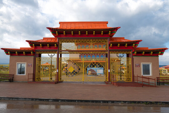 The main gate of Ivolginsky Datsan is close-up on a cloudy September evening. Buryatia