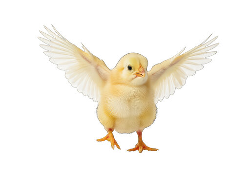 Cute yellow baby chick spreading wings flying isolated on transparent background