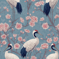 Fototapeta premium Seamless crane and cherry blossom pattern with elegant white birds, soft pink blooms, and delicate branches on a dusty blue background, refined Asian inspired surface design