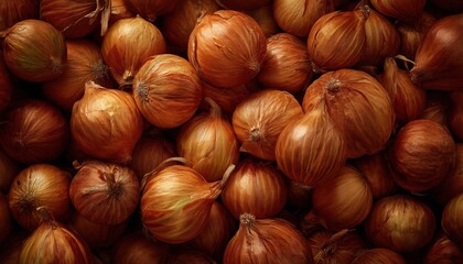 Una vista cenital de una abundante pila de cebollas maduras.