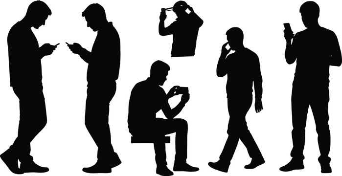 Silhouettes of people using mobile phones in various poses