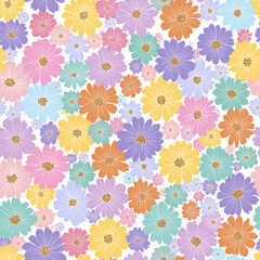 Fototapeta premium Seamless floral pattern with pastel daisy blooms in pink, yellow, lavender, peach, and mint on a soft blue background, cheerful spring garden surface design with playful vintage charm
