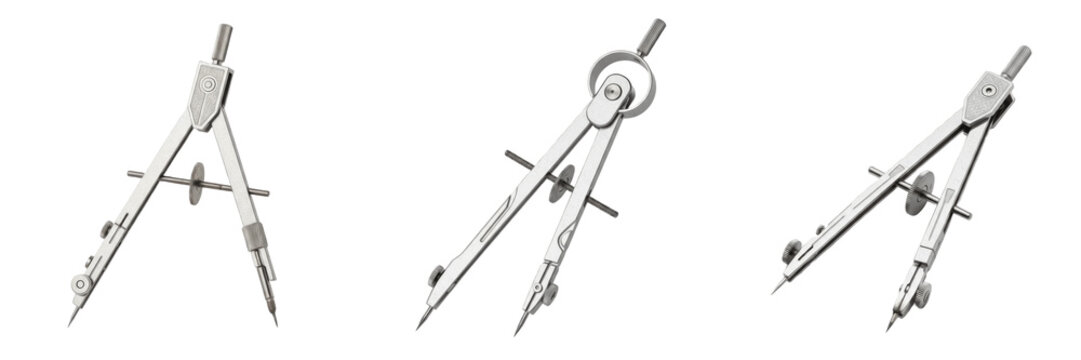  Set of three professional metal drafting compasses isolated on white
