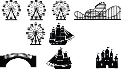 Amusement park silhouettes set featuring ferris wheels, roller coaster tracks, pirate sailing ships, bridge and fairy tale castle icons isolated on light background © Shahariar's World