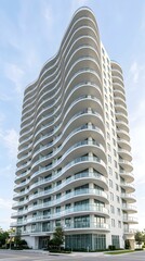 Fototapeta premium Contemporary urban high-rise featuring a distinct undulating architectural design