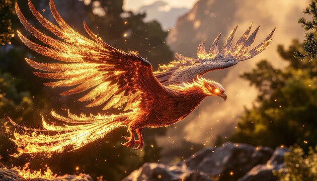 Majestic fire phoenix bird rising from burning ashes as a symbol of rebirth and immortality
