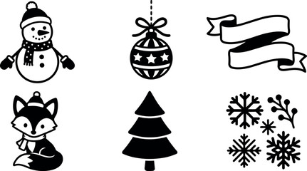 Obraz premium Christmas themed vector set with snowman fox pine tree snowflakes ornament and ribbon banner in simple black silhouette style