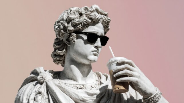 Modern statue of a man holding a drink while wearing sunglasses in front of a pink background