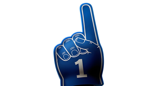A foam finger raised in the air, pointing upwards, signifying the number one. This is a classic symbol of support, encouragement, and victory.