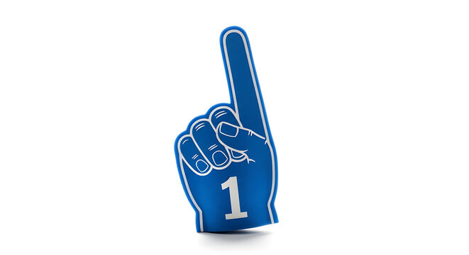 A blue foam hand with the number 1 raised up in the air
